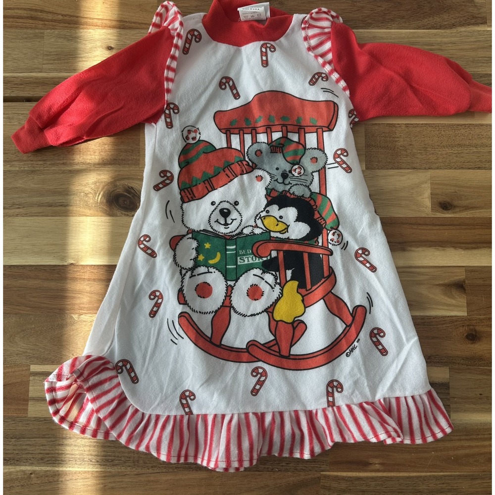 Vintage Girls 70s 80s Christmas Teddy Bear Nightgown HHC Artwork 12M